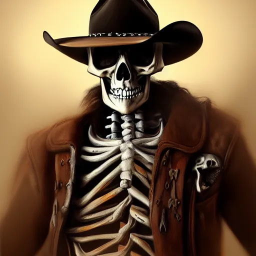 Image similar to Skeleton cowboy, digital art, artstation, realistic, detailed, western
