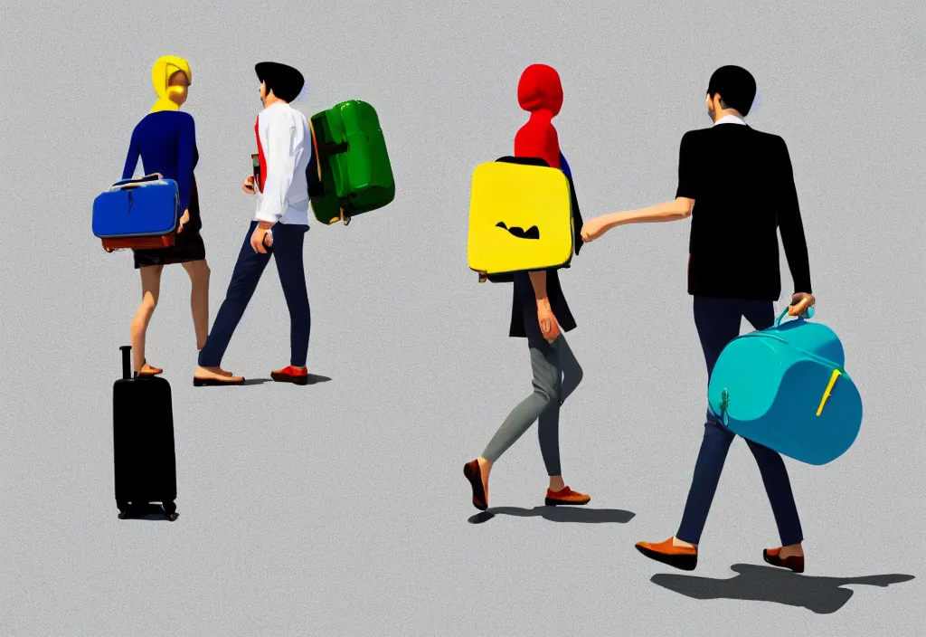 Image similar to full body portrait of a duo of european tourists travel apparel, various poses walking and carrying luggage, geometric character designs painting, in the style of wes anderson, rene magritte, lola dupre, david hockney, isolated on white background, dark monochrome neon spraypaint accents octane render