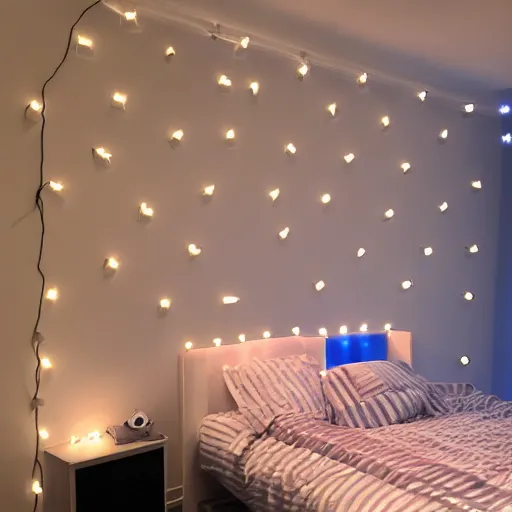 Prompt: a day trader named jay putting up nanoleaf lights in his bedroom