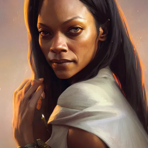 Prompt: zoe saldana, deep focus, d & d, fantasy, intricate, elegant, highly detailed, digital painting, artstation, concept art, matte, sharp focus, illustration, hearthstone, art by artgerm and greg rutkowski and alphonse mucha