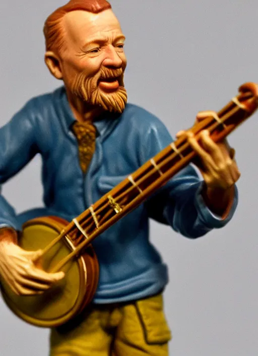 Prompt: 8 0 mm resin detailed miniature of pete seeger holding his banjo and singing with his head thrown back, product introduction photos, 4 k, full body,