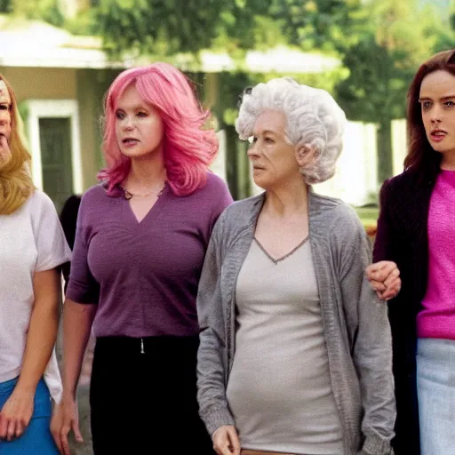 Prompt: movie still of geriatric mean girls