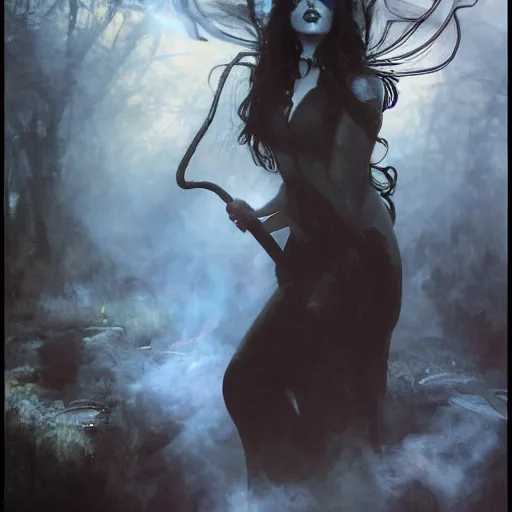 Prompt: hyperrealistic portrait of amber heard as a vampire witch in a black coat druid scythe flying snakes sapphire butterflies in a mystic smoke fog sky at dusk jungle fire. by jeremy mann and alphonse mucha, fantasy art, photo realistic, dynamic lighting, artstation, poster, volumetric lighting, very detailed faces, medium shot, 4 k, award winning