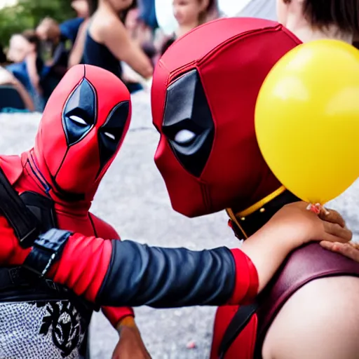 Prompt: deadpool at a children's birthday party, photography,