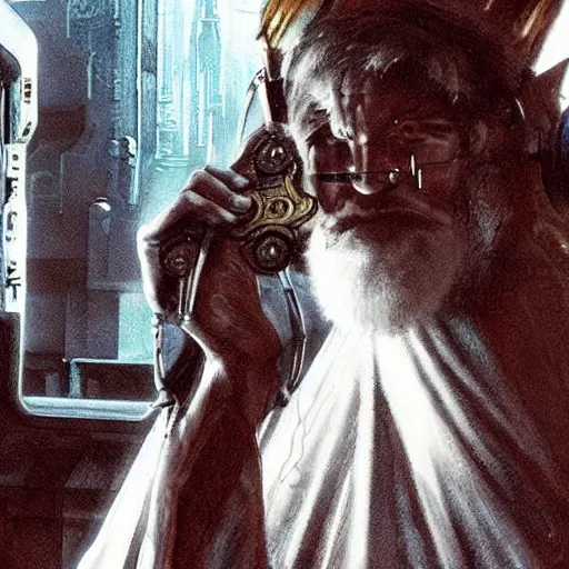 Prompt: Xerxes the Beggar priest with cyberpunk headset in a busy spaceport on Poseidon 5 colony. Gritty Concept art by James Gurney.