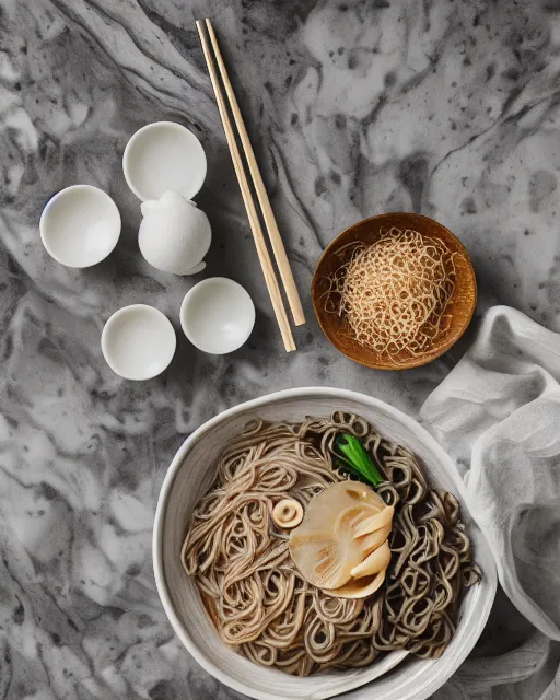 Prompt: realistic photo of delicious miso soba, ( champignon ), bowl, glass, white kitchen table, cloth, marble, highly detailed, by louise lister, sara ali, mary devinat, kailee mandel, sharp focus, masterpiece, award winning, elegant, instagram, high quality, 8 k, food photography