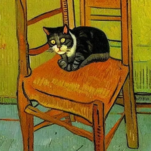 Image similar to painting of a cat on a chair, by Van Gogh