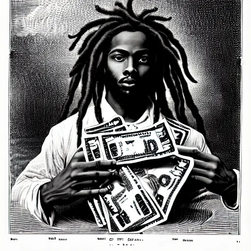 Prompt: young black man with freeform dreadlocks holding stacks of cash, biblical image, style of gustave dore, highly detailed, beautiful, high contrast, black and white