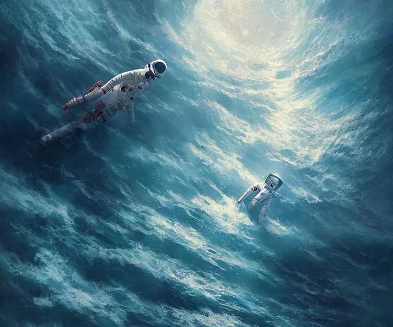 Image similar to an astronaut lost in the ocean,digital art,detailed,ultra realistic,art by greg rutkowski