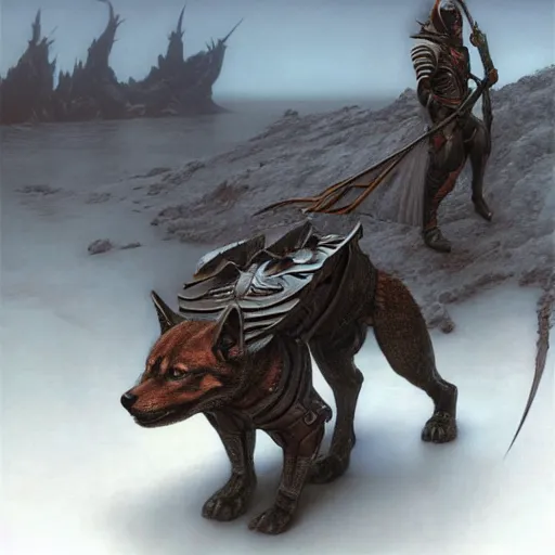 Image similar to daedric armor, realistic anthropomorphic shiba inu, daedric armor, stuning 3 d render, masterpiece, glowing aura, by donato giancola and greg rutkowski and wayne barlow and zdzisław beksinski, realistic face