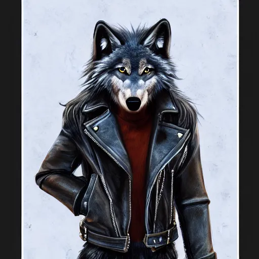 Image similar to award winning beautiful portrait commission of a male furry anthro wolf fursona with a bushy tail and a leather jacket, cute, beautiful, attractive, detailed,