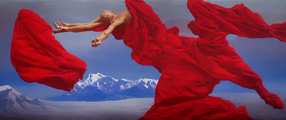 Prompt: abstract portrait of a tibetan monk in lotus position flying over himalaya mountains lake in weightlessness in liquid traditional red cloth. a lot of flying red fabric around, small foggy and blue gloomy, highly detailed, impressionism abstract surrealism science fiction paint by salvador dali, jeremy geddes