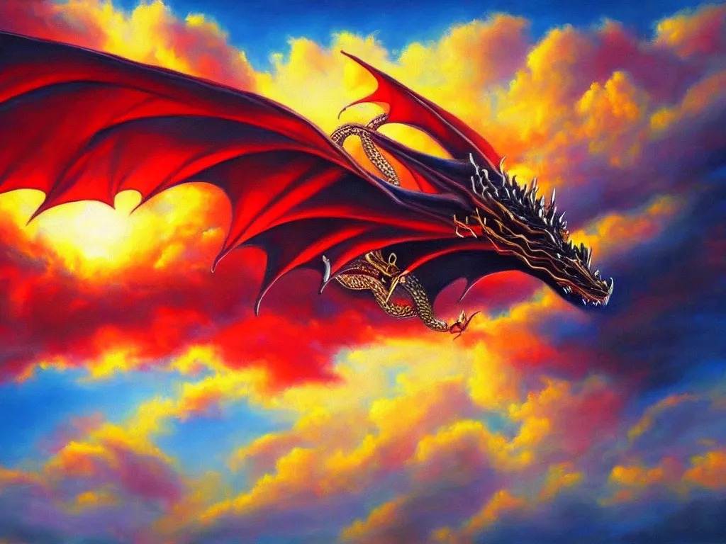 Image similar to A dragon made of rubies and gold flying in sunset clouds, realistic oil painting