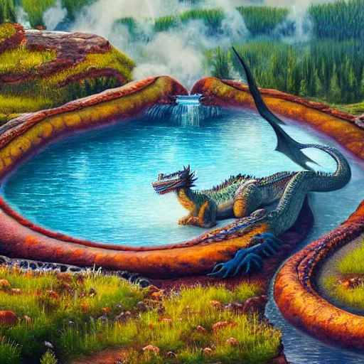 Prompt: highly detailed oil painting of a dragon resting in a colorful hotspring at yellowstone national park, featured on artstation