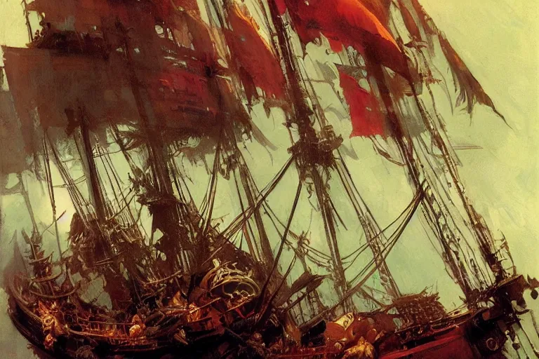 Image similar to pirate ship deck interior, intricate, elegant, highly detailed, vivid colors, john harris, frazetta, tyrus wong, ruan jia, jeffrey catherine jones