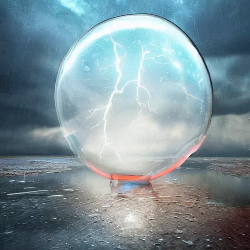 Image similar to thunder storm caught inside a bubble, lightning, clouds, rain inside a bubble digital art trending on artstation