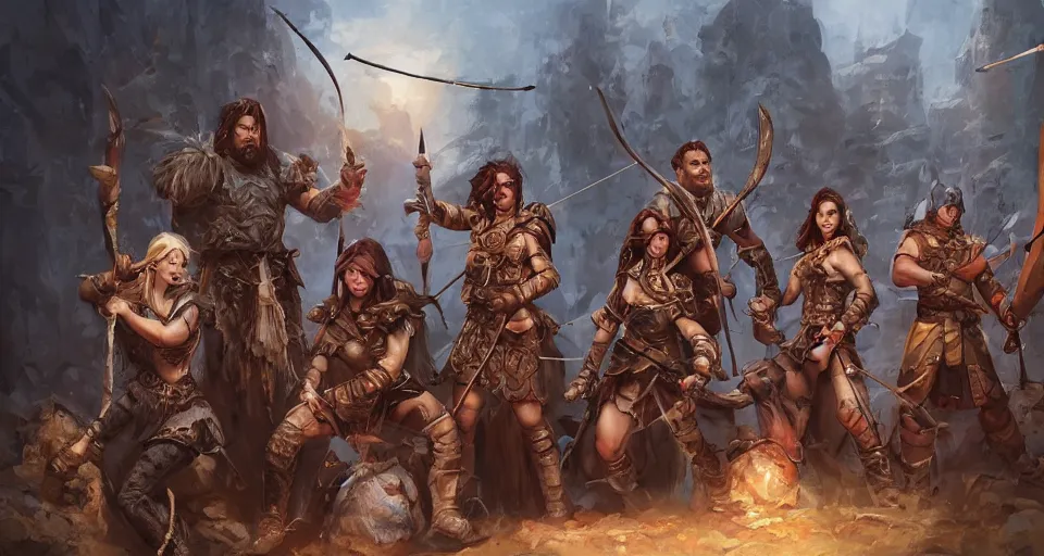 Prompt: Portrait depicting a group of adventurers, composed by Male Barbarian, Female priestess, female archer, male wizard, male rogue, D&D, acrylic painting, high fantasy, by artgerm and Craig Mullins, James Jean, Andrey Ryabovichev, Mark Simonetti and Peter Morbacher, matte painting, trending on artstation, artstationHD, artstationHQ, octane, full HD, 16K, detailed