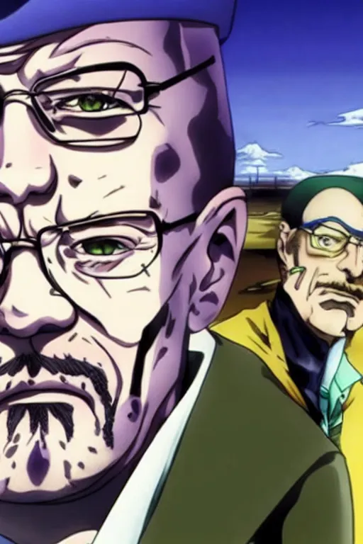 Prompt: Walter white in Jojos bizarre adventure, anime by hirohiko araki,