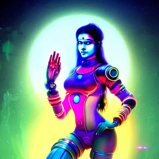 Image similar to Futuristic Cyberpunk laxmi Indian Goddess with Four Hands wearing a spacesuit sitting on a Lotus, sci-fi, neon colors, neon lights, fantasy, intricate, beautiful, elegant, attractive, highly detailed, digital painting, artstation, masterpiece, concept art, smooth, sharp focus, unreal engine 5, WLOP, Octane render, Symmetric, art by artgerm, hajime sorayama, William-Adolphe Bouguereau