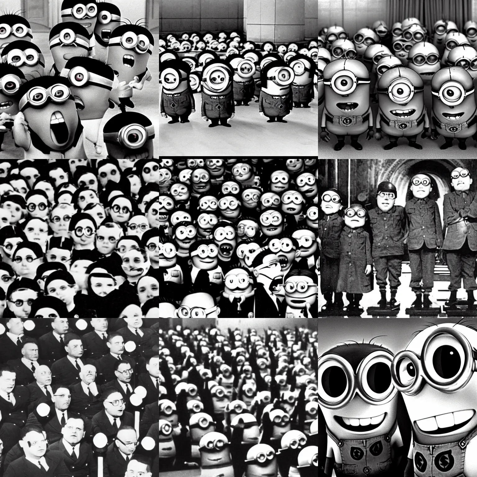 Prompt: despicable me minions on trial for warcrimes at nuremburg, 1 9 4 6, black - and - white photograph