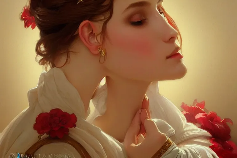 Image similar to Sensual beautiful perfect Polish woman in Polish traditional dress, portrait, elegant, intricate, digital painting, artstation, concept art, smooth, sharp focus, illustration, art by artgerm and greg rutkowski and alphonse mucha