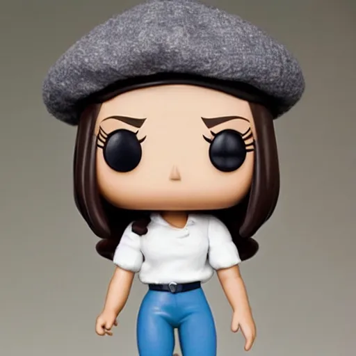 Prompt: Elmiira; funko pop of girl with short brown hairm, wearing a beret; white shirt; funko pop