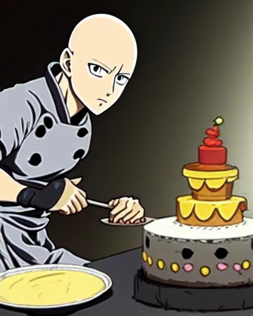 Image similar to chef saitama one punch man, dressed as a pastry chef, fiercely focused at making a cake, beautiful anime artwork