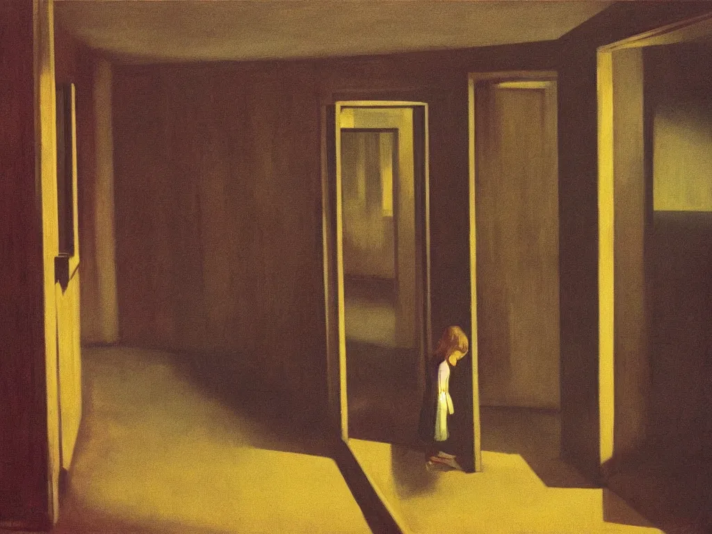 Image similar to the shinning hotel hallway, 70s, americana, dim, dark, lone scary silhouette in the distance, ultra view angle view, realistic detailed painting by edward hopper