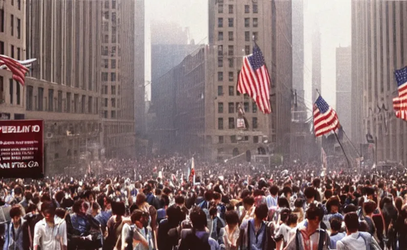 Image similar to photorealistic picture of wallstreet 1 9 8 4 style