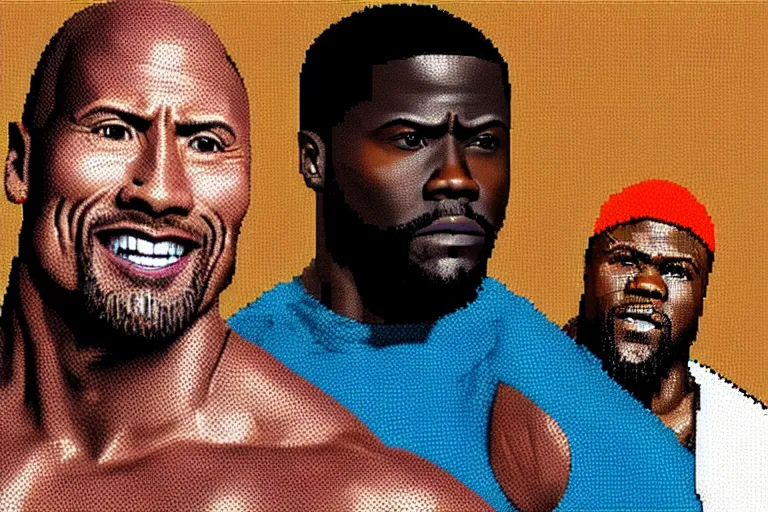 Image similar to pixel art of dwayne johnson and kevin hart, 8 bit, hd