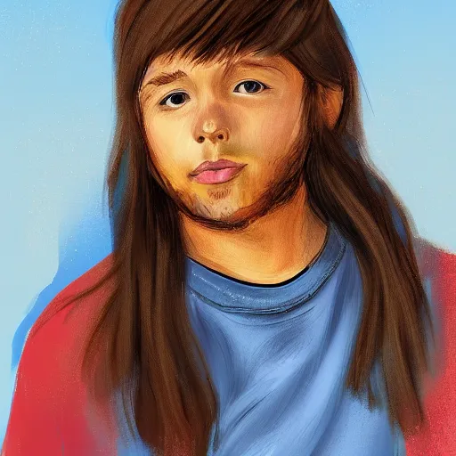 Image similar to portrait of a boy with long fluffy brown hair. blue background. large brush strokes, digital art, procreate