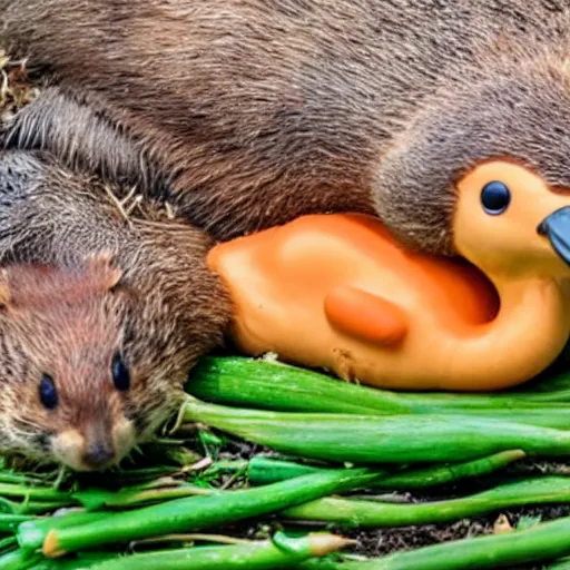 Image similar to real beaver and real duck sitting on vegetables