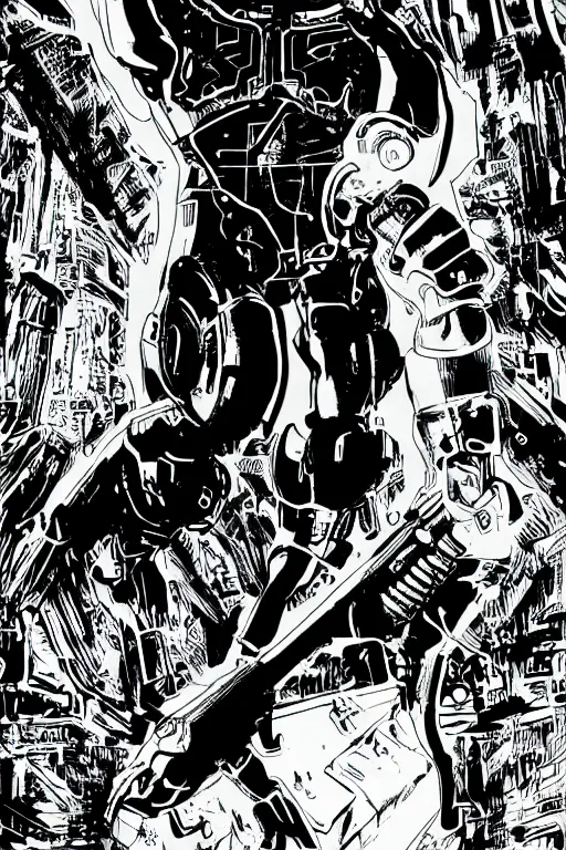 Image similar to ultron, a page from cyberpunk 2 0 2 0, style of paolo parente, style of mike jackson, 1 9 9 0 s comic book style, white background, ink drawing, black and white