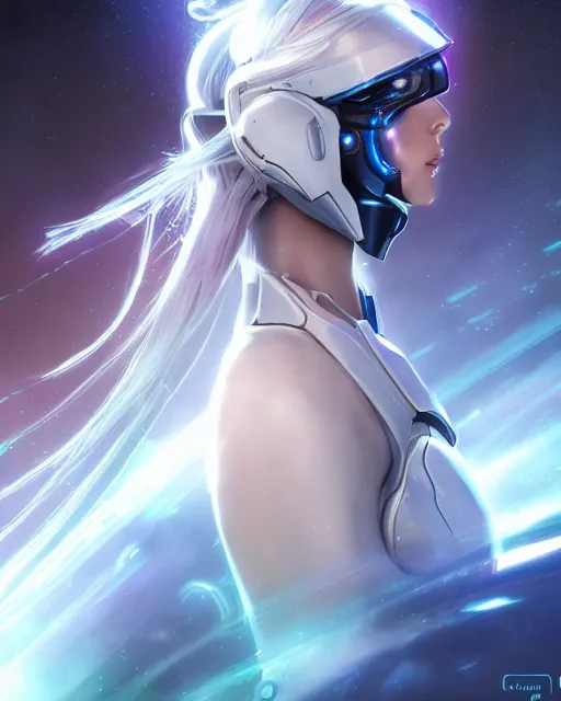 Image similar to perfect android girl on a mothership, warframe armor, beautiful face, scifi, futuristic, galaxy, nebula, raytracing, dreamy, long white hair, blue cyborg eyes, sharp focus, cinematic lighting, highly detailed, artstation, divine, by gauthier leblanc, kazuya takahashi, huifeng huang