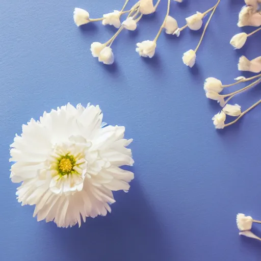 Prompt: centered bright perfume bottle sitting on a white clean surface surrounded by a plethora of white flowers upfront, with dreamy bright blue sky and clouds in the background, softly - lit, soft - warm, zen, light, modern minimalist f 2 0 clean