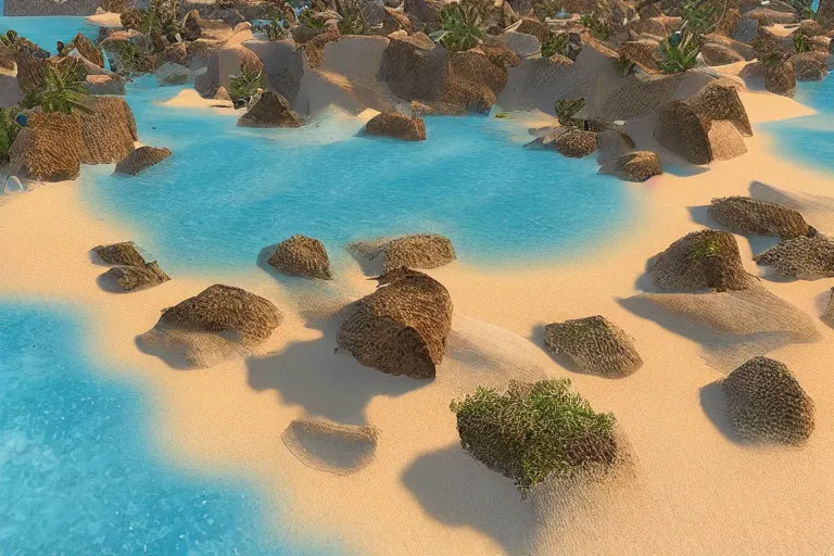 Image similar to A 90\'s 3D desert island paradise, crystal clear sea, screenshot