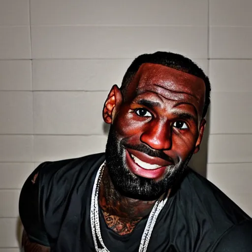 Prompt: grainy photo of lebron james as a creepy monster in a closet, harsh flash