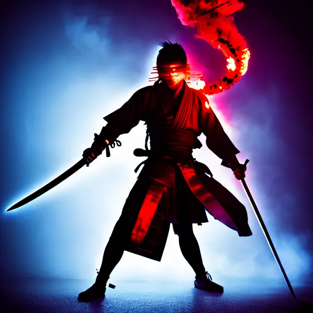 Image similar to cyber samurai fire dance slashing sword atomic, detailed bushido form smoke, fighting stance atomic energy, shibuya prefecture, cinematic neon uplighting, fog mist smoke, photorealistic, night photography by tomino - sama