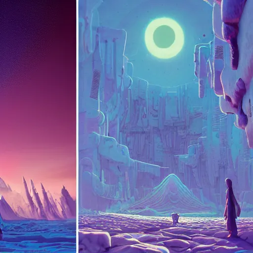 Image similar to a fantastic hyperdetailed 3 d matte painting of a female - cybernetic sorceress under the arctic moonlight, by moebius by beeple by vanessa lemen by paul lehr by dan mumford