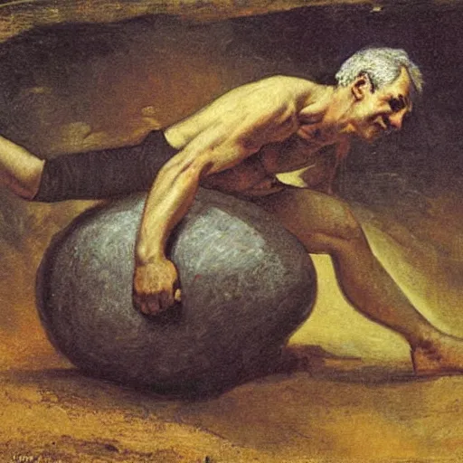 Prompt: a painting of benjamin netanyahu as sisyphus, carrying boulder, by franz stuck