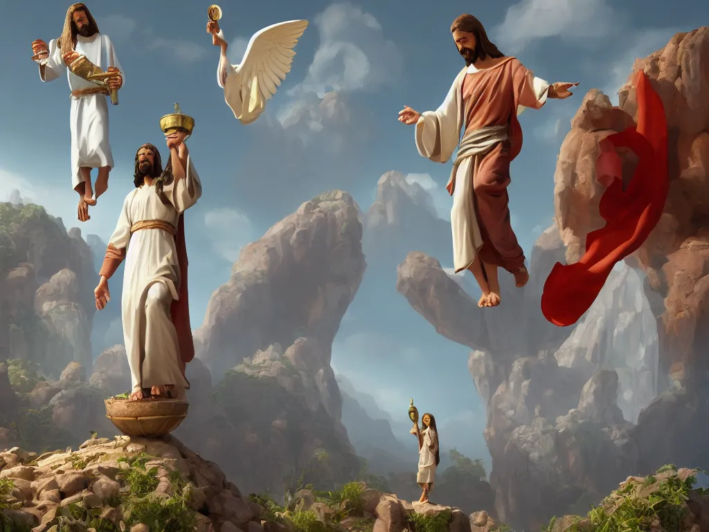 Prompt: the agony in the garden, Jesus on the left, a serpent nearby, and an angel holding a chalice, by goro fujita, trending on artstation, 8k, highly detailed, digital graphic art