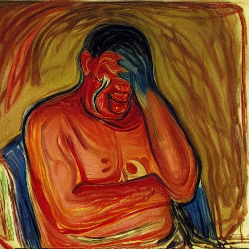 Prompt: exhausted man covered in paprika, by edvard munch