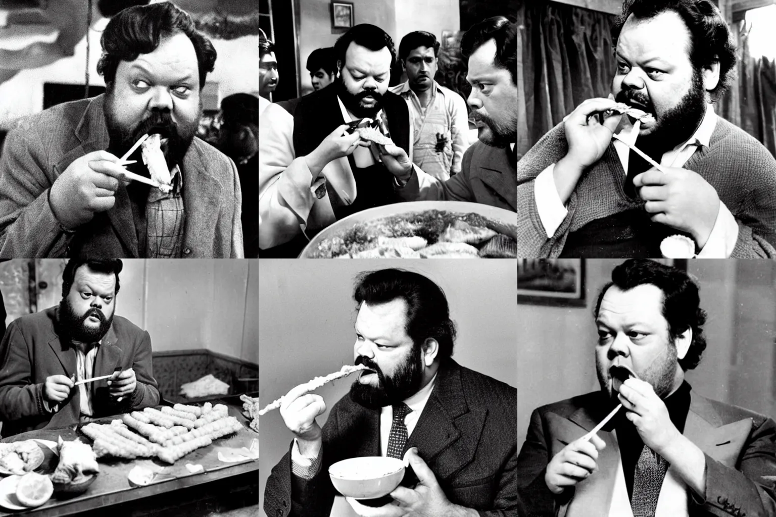Prompt: Orson Welles eating frozen fish sticks on the set of a Bollywood film
