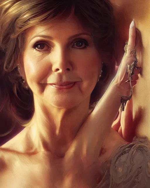 Image similar to Portrait of a Olivia Newton John going up to heaven, Michael Mcintyre looks on in background, real life skin, intricate, elegant, highly detailed, artstation, concept art, smooth, sharp focus, art by artgerm and greg rutkowski and alphonse mucha