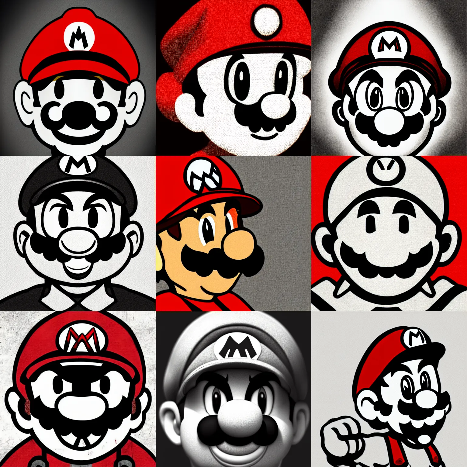 Prompt: videogame fanart of super mario facing camera, expression of malice and anger, low emotion, focused gaze, faded and limited color palette, red selective coloring + monochrome, striking artstyle with sharp shadows, digital art