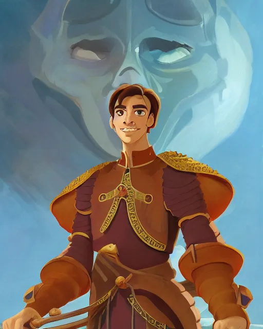 Image similar to portrait of a spanish conquistador wearing ornate armor, by daniel zrom and disney concept artists and studio ghibli, treasure planet movie color scheme, symmetric, handsome, golden ratio, jungle