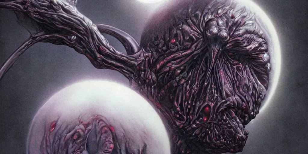 Prompt: the eclipse from berserk, creepy, melting, since, horror, art by wayne barlowe, giger, artgerm