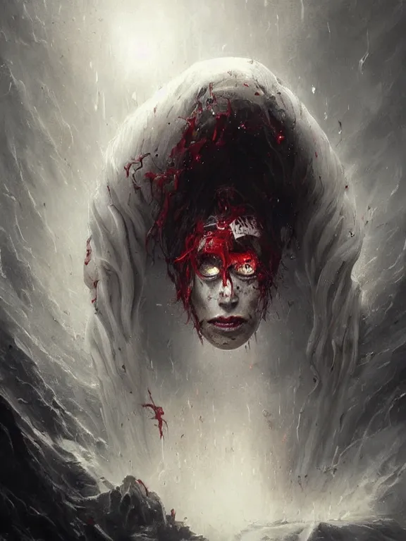 Image similar to painting by greg rutkowski of a flying sorrowful looking human head with tears running down it's eyes, face that is chalk white in color, with long sprawling white tentacles stemming down it's neck, fiery scorching red eyes, flying in a terrying hellish dark cavernous place