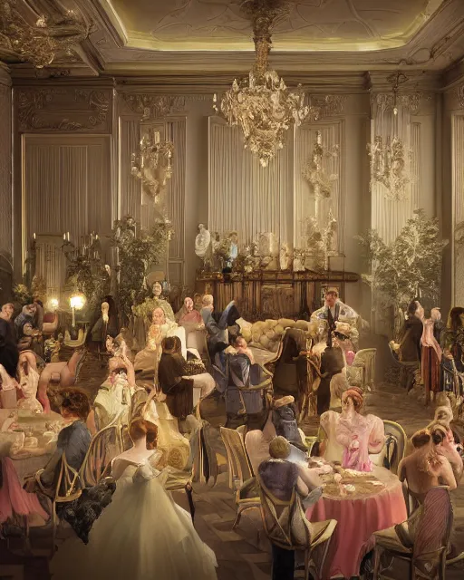 Image similar to rococo digital painting of a 1 9 2 0 s grand party in a beautiful mansion, many partygoers, unreal engine, hyper realism, realistic shading, cinematic composition, realistic render, octane render, detailed textures, photorealistic, ultrawide shot, 3 5 mm film