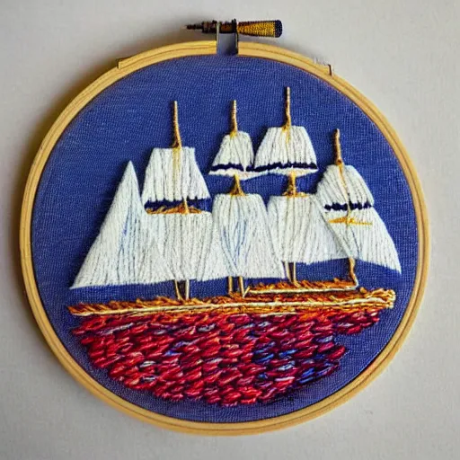 Image similar to a tiny beautiful handmade embroidery of a ship on the ocean. hand embroidery.